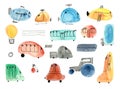 Set of cute stylized watercolor and ink transport