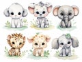 Set of cute stylized watercolor puppies flat clipart, baby elephant, baby giraffe, baby crocodile, baby panda, white background,