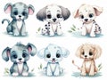 Set of cute stylized watercolor puppies flat clipart, baby elephant, baby giraffe, baby crocodile, baby panda, white background,