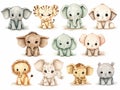 Set of cute stylized watercolor puppies flat clipart, baby elephant, baby giraffe, baby crocodile, baby panda, white background,