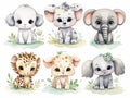 Set of cute stylized watercolor puppies flat clipart, baby elephant, baby giraffe, baby crocodile, baby panda, white background,