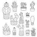 Set of cute succulents. Kawaii cactus. Black and white doodle illustration