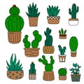 Set of cute succulents. Kawaii cactus. Doodle style illustration