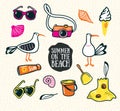 A set of cute summer and beach icons. Vector hand drawn illustration. Royalty Free Stock Photo