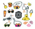 A set of cute summer and beach icons. Vector hand drawn illustration. Royalty Free Stock Photo