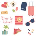 Set of cute summer elements. aeroplane, palm tree, beach, calligraphy, suitcase, glasses, ice cream, passport, tickets, watermelon