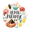 Set of cute summer elements and lettering. Ice cream, camera, woman with swim ring, flip flops, sunglasses, hat, swimsuit, Royalty Free Stock Photo