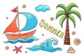 Set of cute summer elements: ship, waves, palm tree, shells, lettering. Hand drawing. Royalty Free Stock Photo