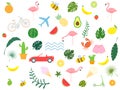 Set of cute summer icons. Bike, plane, crab, car, palm leaves, ice cream, cactus, fruits and flamingo. Royalty Free Stock Photo