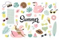 Set of cute summer icons food, drinks, ice cream, fruits, sunglasses, palm leaves and flamingo inflatable swimming pool