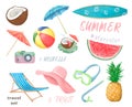 Set of cute summer icons: food, drinks, palm leaves, fruits. Bright summertime poster. Collection of scrapbooking elements for