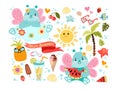 Set of cute summer icons food, drinks, palm leaves, fruits and cute butterflies. Royalty Free Stock Photo