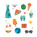 Set of cute summer icons dress sundress flip flops, mojito, ice cream, butterfly, watermelon, bag, glasses, sun, flip Royalty Free Stock Photo