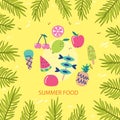 Set of cute summer icons: food, drinks, palm leaves, fruits and flamingo. Bright summertime poster. Royalty Free Stock Photo