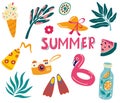 Set of cute summer icons: Tropical leaves, drinks, ice cream, flamingo, fins, camera, sunscreen. Summer vacation. Collection of Royalty Free Stock Photo