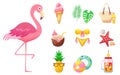 Set of cute summer illustrations: food, drinks, shells, fruits, beach accessories and flamingo. Summertime. Collection of elements Royalty Free Stock Photo