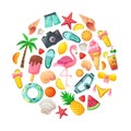 Set of cute summer illustrations: food, drinks, shells, fruits and flamingo. Collection of scrapbooking elements for beach party Royalty Free Stock Photo