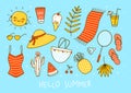 Set of cute summer items on blue background - cartoon greeting card for happy beach design Royalty Free Stock Photo