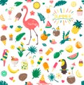 Set of cute summer pattern food, drinks, palm leaves, fruits and flamingo. Bright summertime poster.