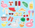 Set of cute summer stickers. Bright summer poster. Perfect for web, card, poster, cover, tag, invitation, sticker set. Vector