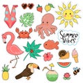 Set of cute summer stickers isolated on white background. Vector graphics Royalty Free Stock Photo