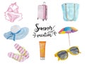 Set of cute summer vacation objects: swimsuit, suitcase, sunscreen, glasses, hat and flip flops. Collection of isolated