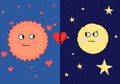 Set of cute sun and moon, day and night. Day and night illustrations with funny smiling cartoon characters of sun and moon. Illust