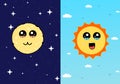 Set of cute sun and moon, day and night. Day and night illustrations with funny smiling cartoon characters of sun and moon. Illust