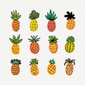 Set of cute sunny pineapples. Hand drawn Decorative Pinapple with different textures in warm colors, yellow, red, orange