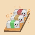 set cute sushi onigiri in kawaii style with smiling faces. Japanese traditional cuisine dishes. Can be used for t-shirt print, Royalty Free Stock Photo