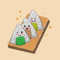 set cute sushi onigiri in kawaii style with smiling faces. Japanese traditional cuisine dishes. Can be used for t-shirt print, Royalty Free Stock Photo