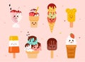 Set of cute sweet ice cream icons in kawaii style with smiling face and pink cheeks on pink background Royalty Free Stock Photo