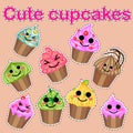 Set of cute sweet icons in kawaii style with smiling face and pink cheeks for sweet design. Ice cream, candy, cake, cupcake