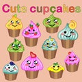 Set of cute sweet icons in kawaii style with smiling face and pink cheeks for sweet design. Ice cream, candy, cake, cupcake