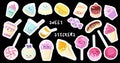 Set of cute sweet icons in kawaii style with smiling face and pink cheeks for sweet design. Sticker with inscription So cute. Ice