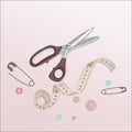 A set of cute tailor`s tools-measuring tape, scissors, buttons, French pin. Pink isolated background