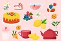 Set of cute teatime elements on pink background