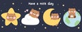 Set of cute teddy bear in various poses in night sky concept.Wild animal character cartoon