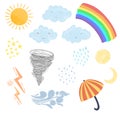 Set of cute textured cartoon weather elements Royalty Free Stock Photo