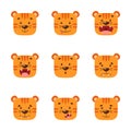 Set of cute tiger faces. Muzzle of a wild animal with a variety of emotions and expressions. Royalty Free Stock Photo