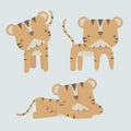 Set of cute tigers. Funny doodle animals. Vector.