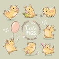 Set of Cute Tiny Yellow Pig in different poses. Dancing piggy, pig with the balloon. New Year Symbol of Chinese calendar