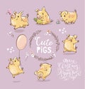 Set of Cute Tiny Yellow Pig in different poses. Dancing piggy, pig with the balloon. New Year Symbol of Chinese calendar