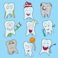 Set of cute tooth showing various emotions, happy shiny white tooth characters symbols, cartoon vector illustration