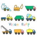 Set by cute toy cars. Different cars - tractor, truck, tank, concrete mixer, truck crane, garbage truck, dump truck.