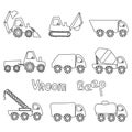 Set by cute toy cars. Different cars - tractor, truck, tank, concrete mixer, truck crane, garbage truck, dump truck. Print or