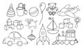 A set of cute toys for little boy. Hand drawn doodle set of elements. Black outline isolated on white background. Vector Royalty Free Stock Photo
