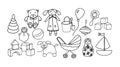 A set of cute toys for little girl. Hand drawn doodle set of elements. Black outline isolated on white background Royalty Free Stock Photo