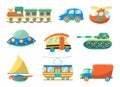 Set of cute transportation toys for children. Vector illustration in flat cartoon style.