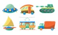 Set of cute transportation toys for children. Vector illustration in flat cartoon style.